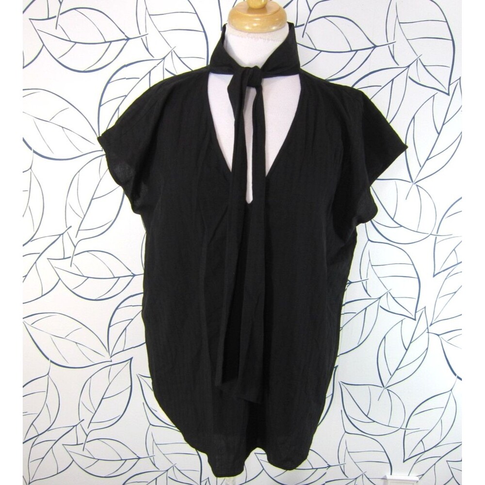 Ann Taylor Black Tie Neck Cap Sleeve Lightweight Textured Blouse Size XL New!